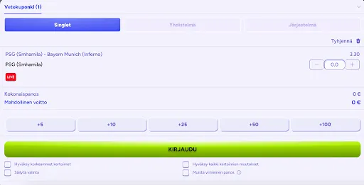 Yksittäisveto PSG vs Bayern Munich - Live-ottelu vedonlyöntikuponkissa Spinbara-sivustolla. Spinbara-vedonlyöntikuponki näyttää valitun yksittäisvedon otteluun PSG (Smhamila) vastaan Bayern Munich (Inferno), jossa kerroin PSG:lle on 3.30 ja panoksen syöttö on vielä tyhjä.