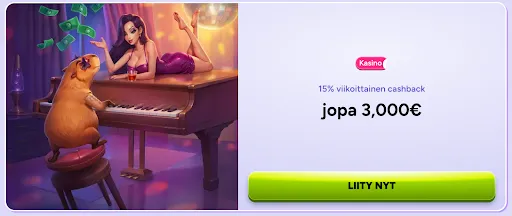 Majava soittaa pianoa kasinolla, nainen makaa pianon päällä rennosti cocktailin kanssa, rahat lentelevät ilmassa.