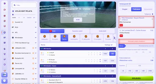 Spinbara live-vedonlyöntisivu – yhdistelmäveto Wimbledonin ja jalkapallon otteluista, tilastot ja kertoimet Vedonlyöntialustan Spinbara käyttöliittymä, jossa näkyy live-tennisottelut Wimbledonista sekä vetokuponki yhdistelmävedolla otteluista PSG vs Bayern Munich ja Struff vs Alcaraz