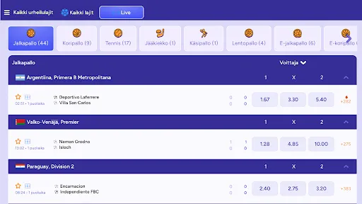 Live-jalkapallovedot Spinbara-sivustolla – Argentiina, Valko-Venäjä ja Paraguay kertoimilla reaaliajassa. Spinbara-vedonlyöntialustan jalkapallon live-ottelunäkymä, jossa näkyvät kohteet Argentiinan, Valko-Venäjän ja Paraguayn sarjoista sekä vedonlyöntikertoimet voittajalle, tasapelille ja vierasjoukkueelle.