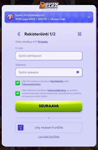 Rekisteröinti 1/2 – Spinbara (suomi) Spinbara-rekisteröintilomakkeen ensimmäinen vaihe suomeksi