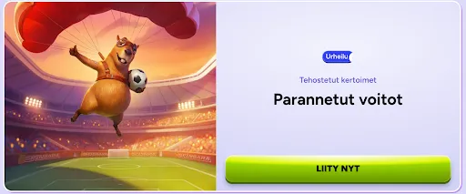 Piirroskuva iloisesta majavasta, joka laskeutuu laskuvarjolla jalkapallokentälle pitäen palloa kädessään täydessä stadionissa